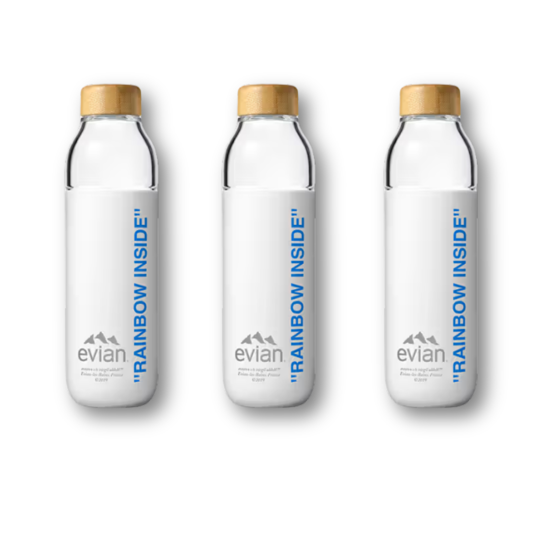 EVIAN BY VIRGIL ABLOH x SOMA Make A Rainbow Refillable Glass Water Bottle White/Dark Blue