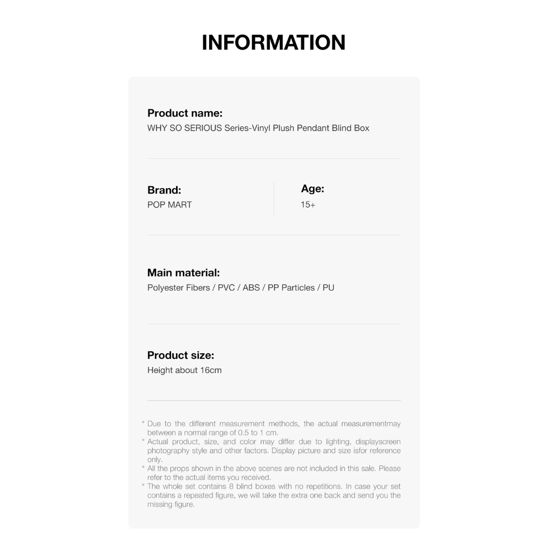 Pop Mart WHY SO SERIOUS Series Vinyl Plush Pendant *Individual